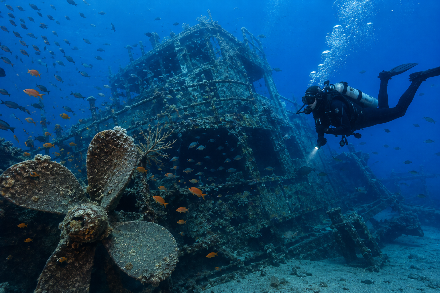 Scuba diver exploring a shipwreck in the Red Sea during a wreck diving experience in Jeddah.