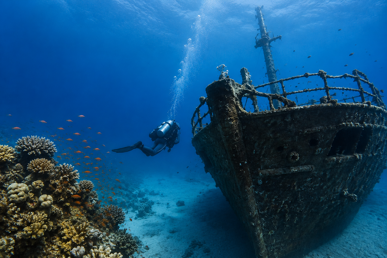 Scuba diver exploring a shipwreck and coral reef in clear waters at Yanbu diving spots.