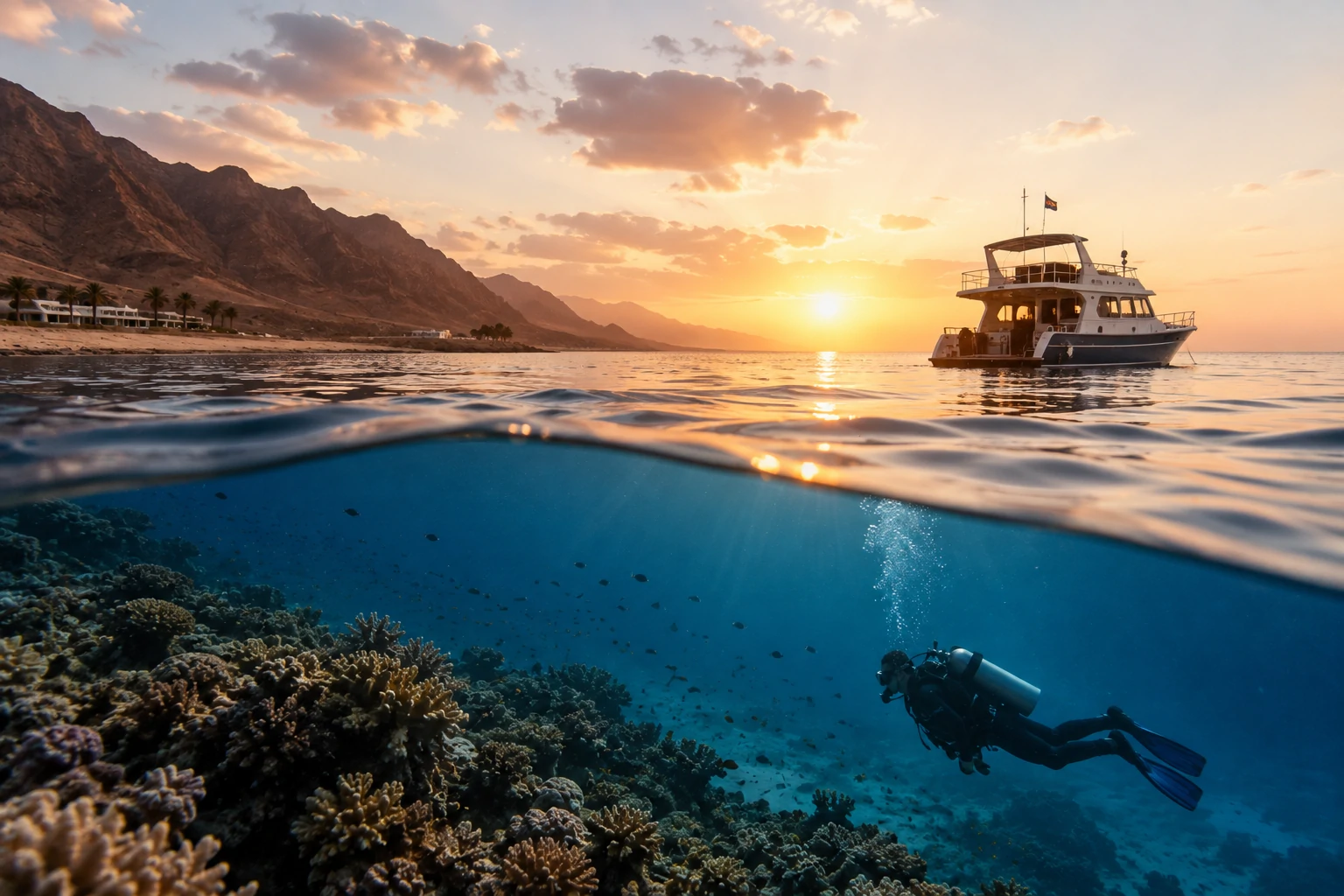 Scuba diver exploring a coral reef beneath a calm Red Sea sunset with a dive boat in the distance.