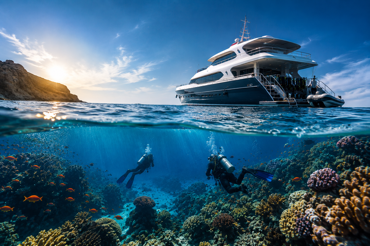 Scuba divers exploring a coral reef beneath a liveaboard boat during a Red Sea dive safari.