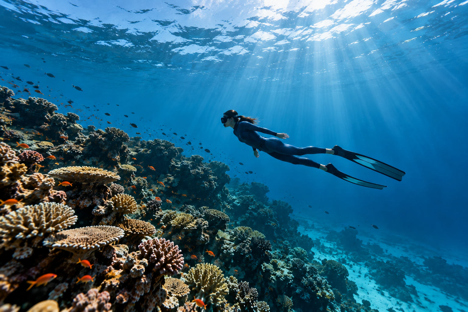 Freediver swimming above a coral reef in the clear waters of the Saudi Red Sea