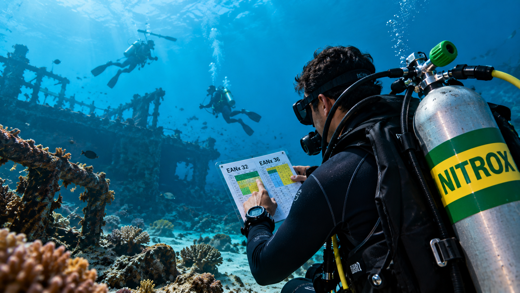 Scuba diver using a Nitrox tank while reviewing EANx 32 and EANx 36 dive planning during a Red Sea wreck dive