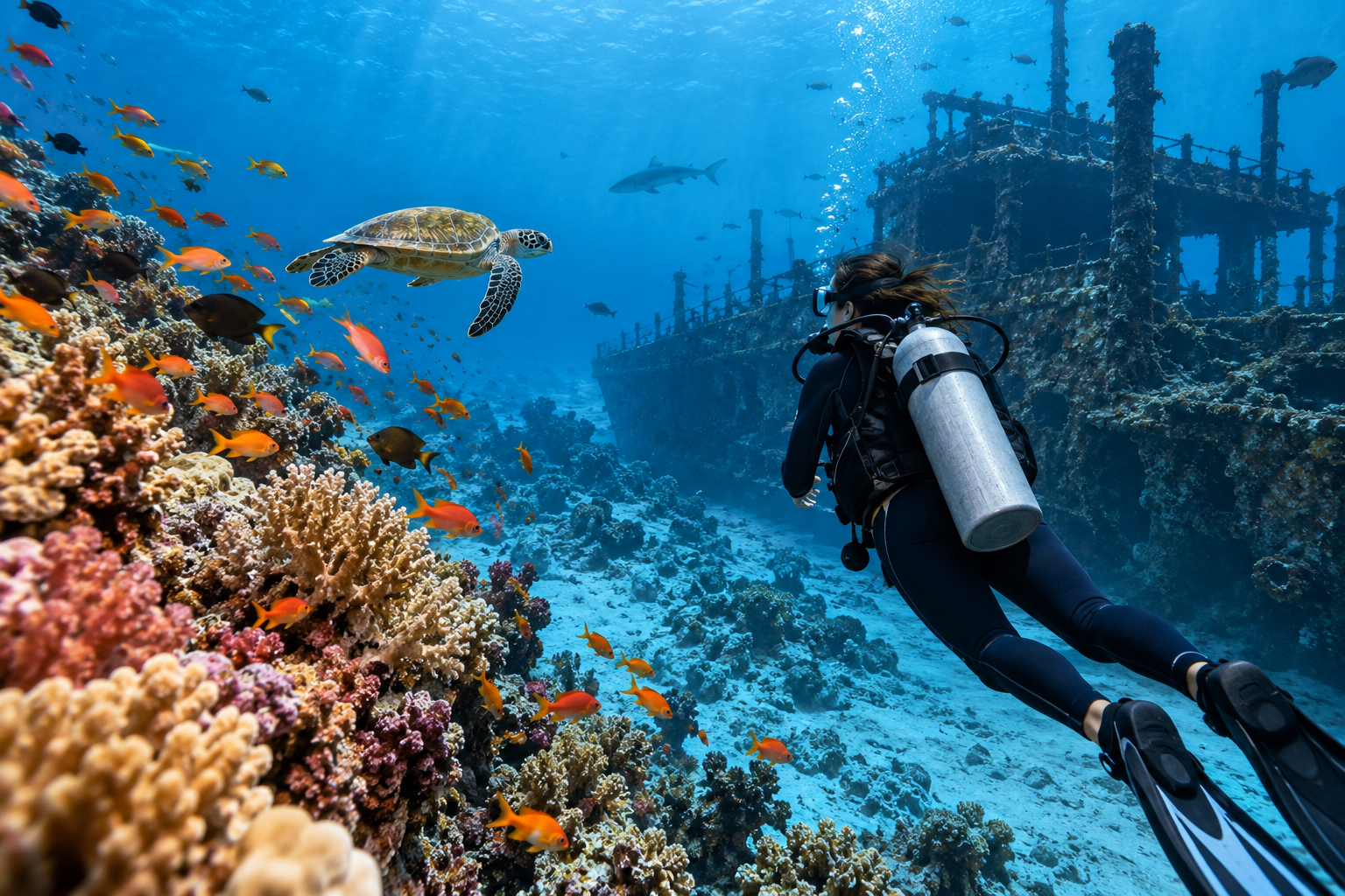 Scuba diver exploring a coral reef and shipwreck in the Saudi Red Sea